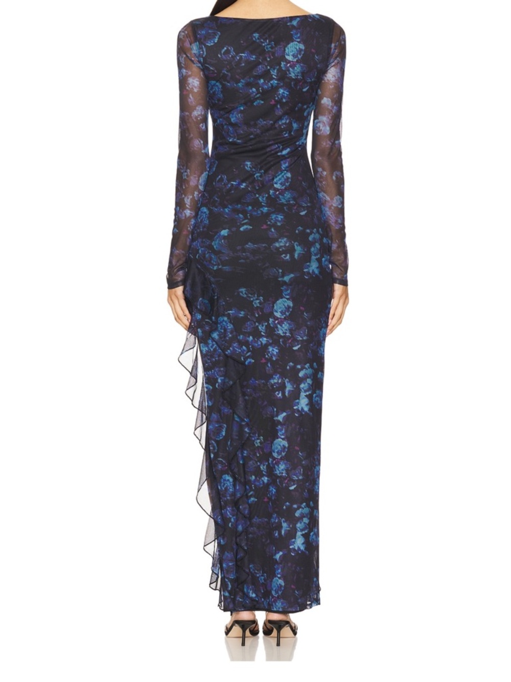 Asymmetric Navy Blue Floral Ruffle High-Low Dress - Picture 3 of 4